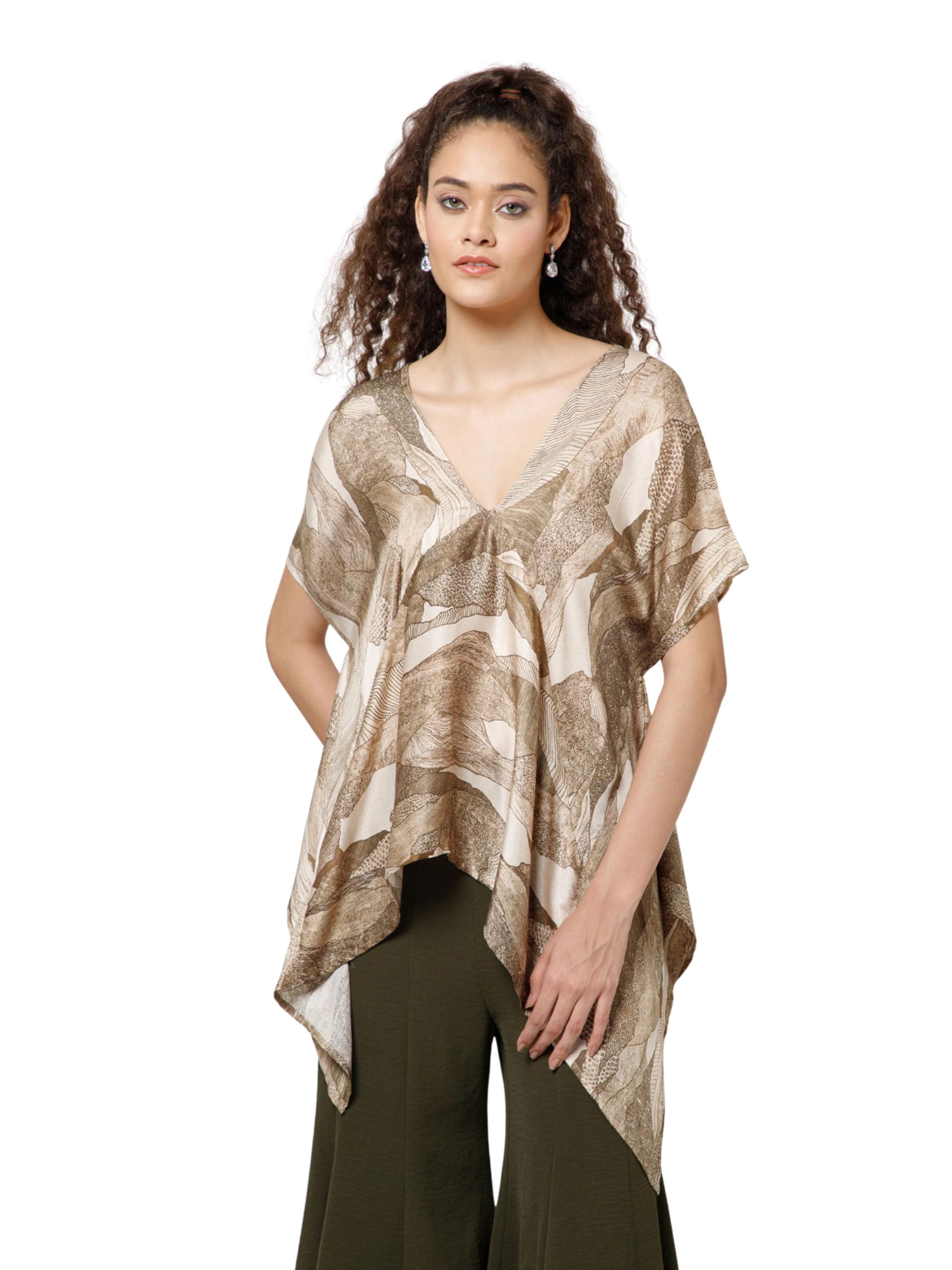 lela Olive Printed Kaftan Top, Modal Satin, V-Neck, Half Sleeves, Loose Fit, Cocktail Wear-picture-28