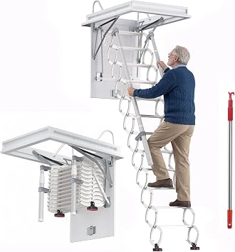 Ceiling Mount Attic Ladder, 12-Step Attic Ladder with Handrails, Retractable Pull Down Loft Stairs for Attic, Garage & Basement - 27.1 x 38.9 in Opening Size 6i24