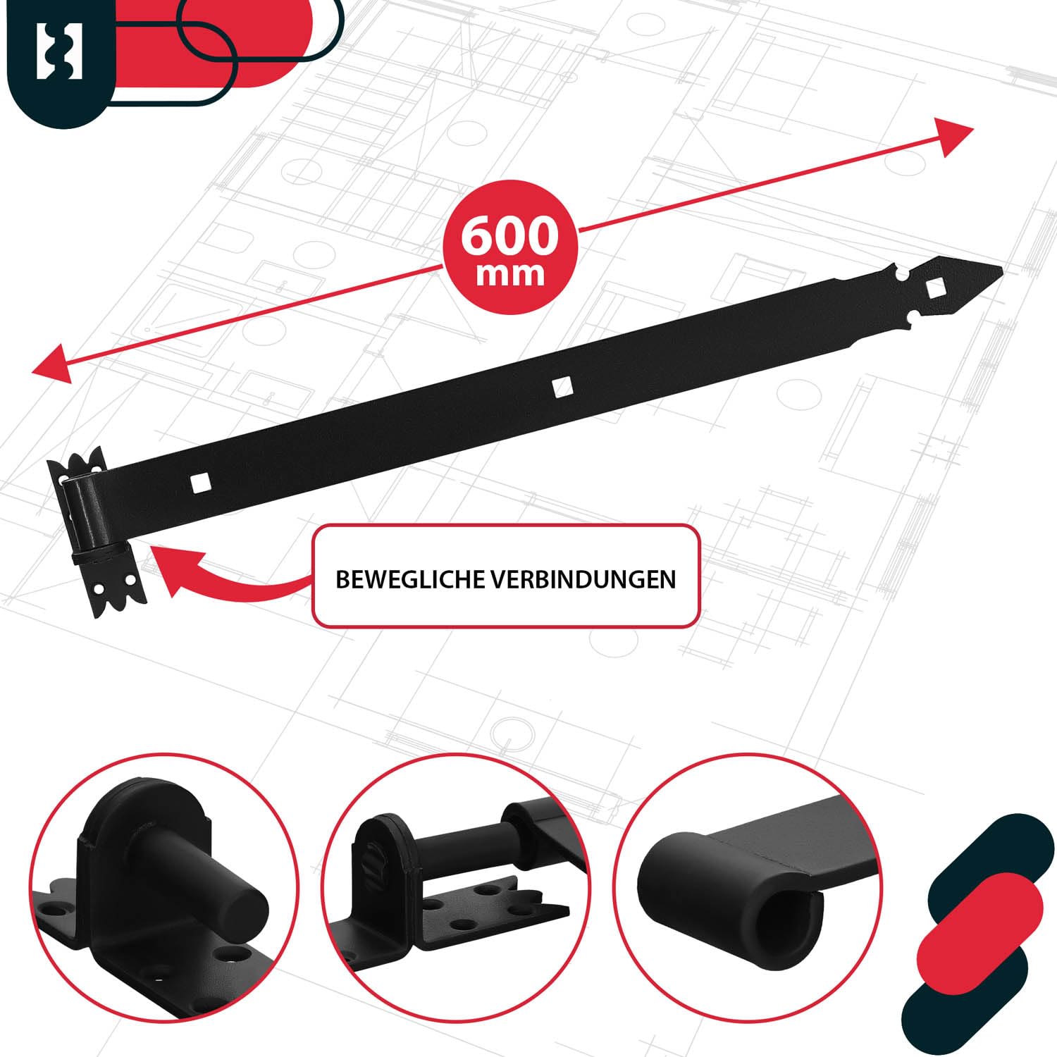 KOTARBAU® Ladenband 2 St. mit Kloben Torband Türband Torscharnier Scharnier Baubeschlag Torbeschlag Türbeschlag Rostfrei Torzubehör Pulverbeschichtet 600 mm