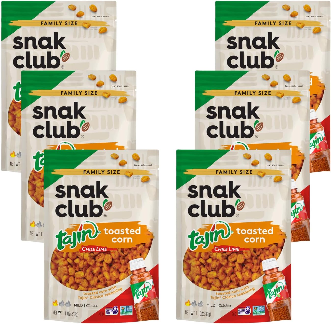 Snak Club Tajin Toasted Corn, Roasted Corn Nuggets with Chili and Lime Seasoning, Mild, Non-GMO, Gluten-Free, Kosher Snack, No Artificial Colors or Flavors, 11 oz Resealable Bags, 6 Pack