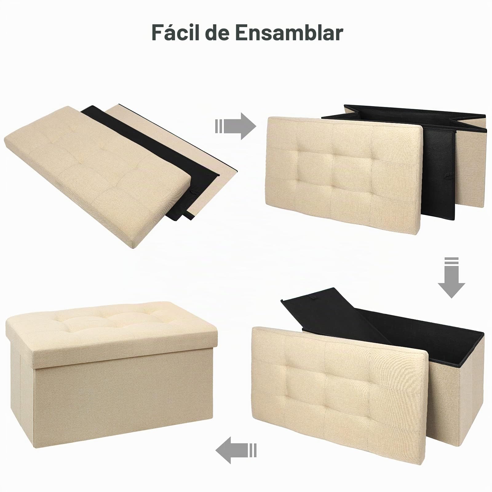 BRIAN & DANY Baúl Puff Taburete Plegable de Almacenamiento otomano, Taburete de Lino, reposapiés Plegable para Asiento - Beige, 76 x 38 x 38 cm