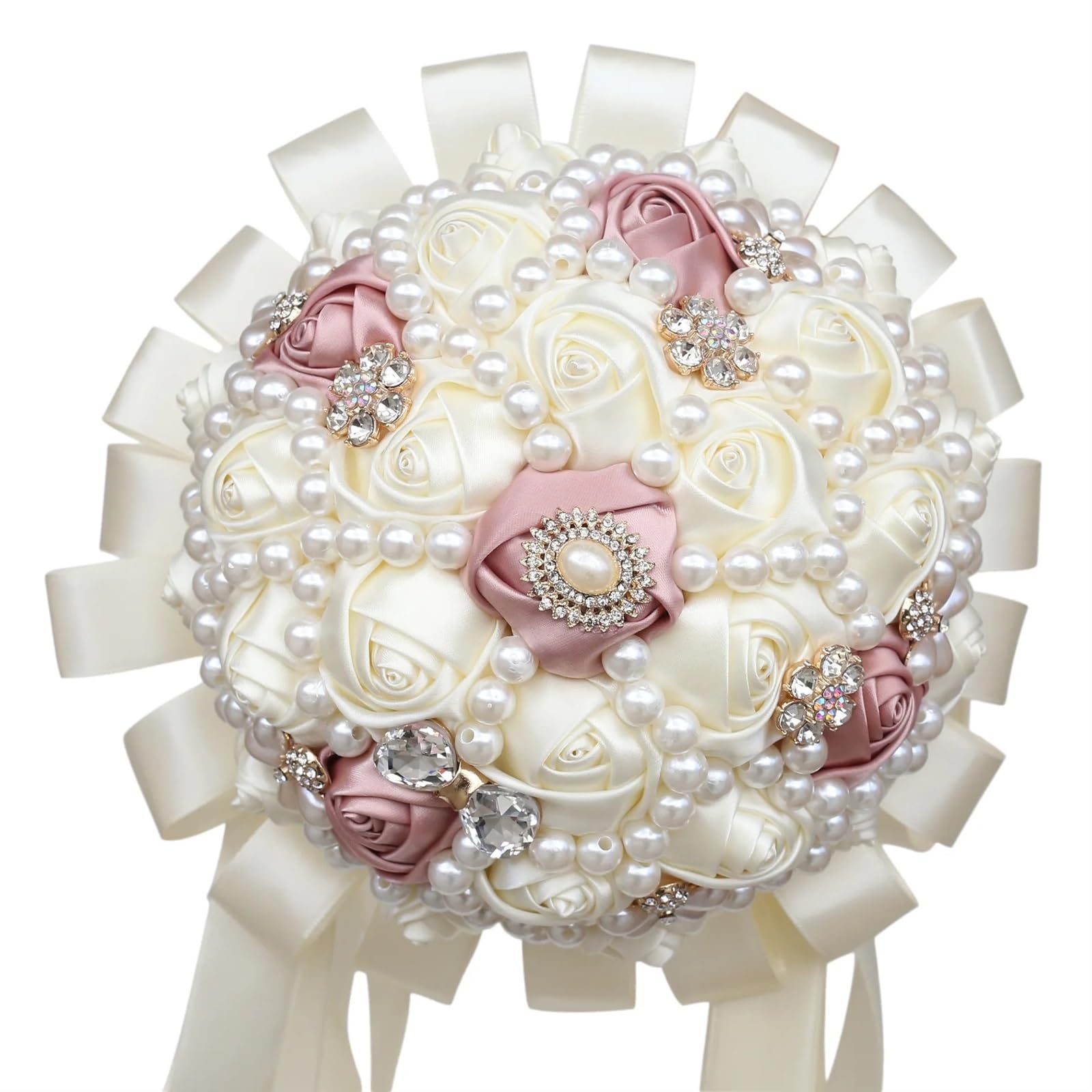 NDLHXKFRP Wedding bouquets for brides and bridesmaids, Wedding Bouquet Bridal Artificial Satin Rose Brooch Pearl Ribbon Diamond(Color 10)