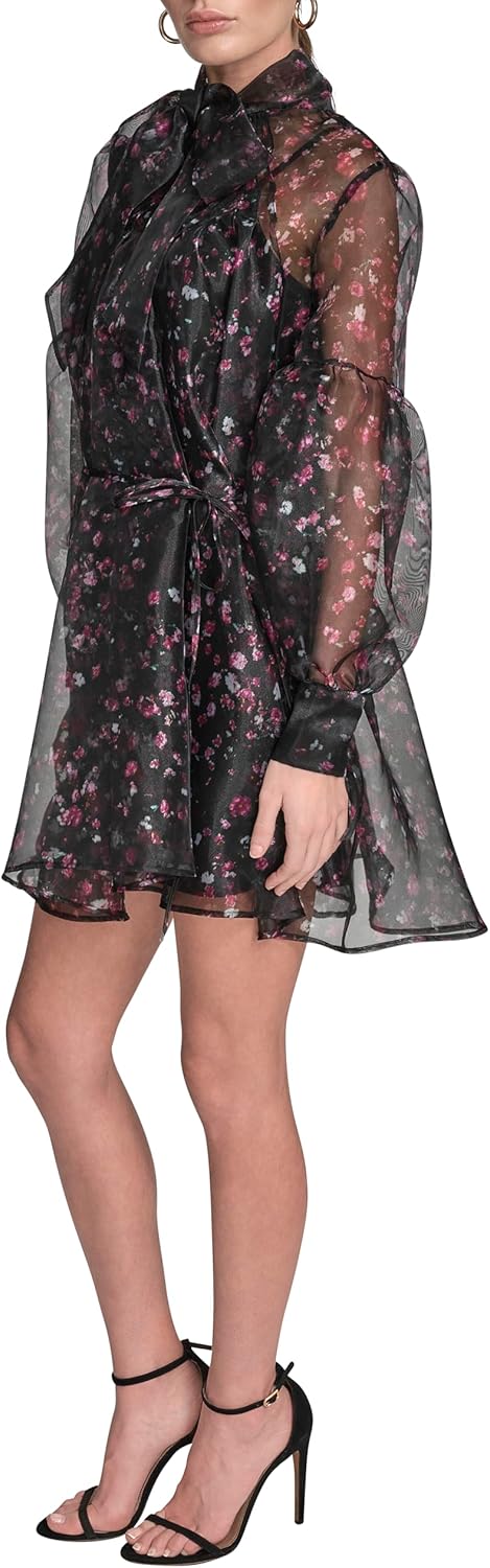 BCBG Womens Long Sleeve Tie Neck Organza Overlay Mini Dress - Image 3