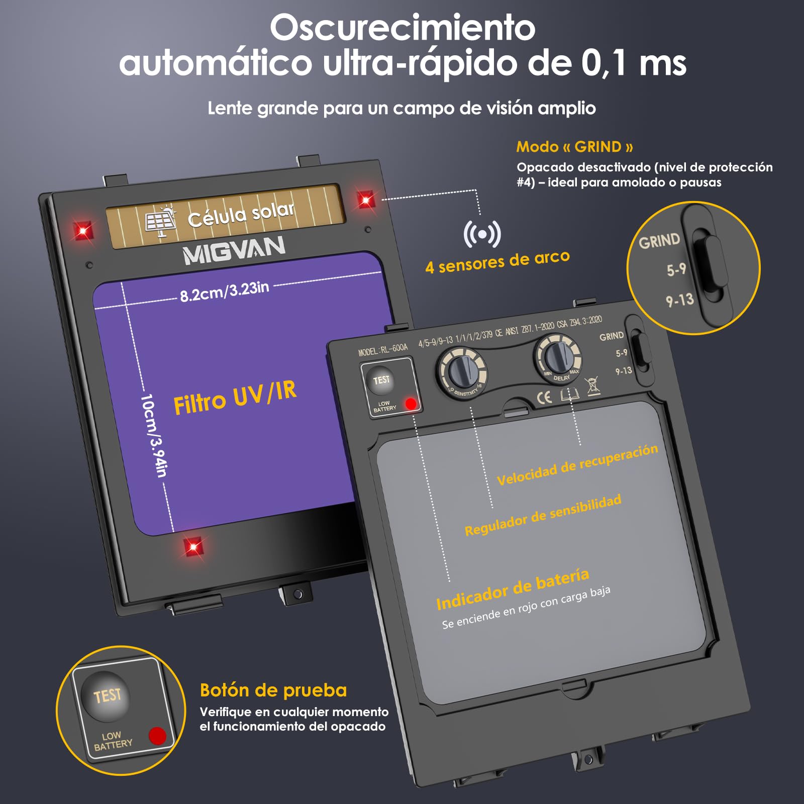 Careta de Soldar Automática con Luz LED Máscara Ultra-HD True-Color 100x82mm XL de Soldadura 0,1ms Solar para MIG TIG MMA y Esmerilado DIN 4/5-9/9-13 H-24