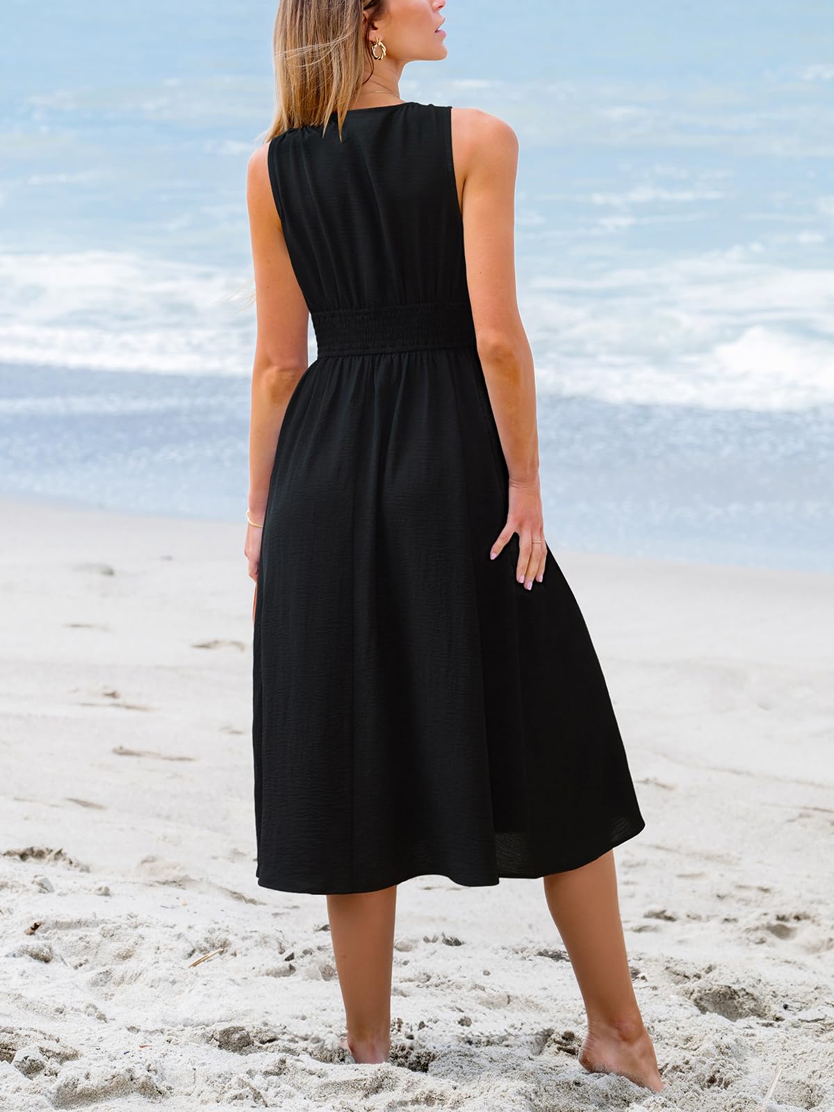 CUPSHE Abito estivo da donna con scollo a V, stile bohémien, senza maniche, ricamato, in vita, con punto smock