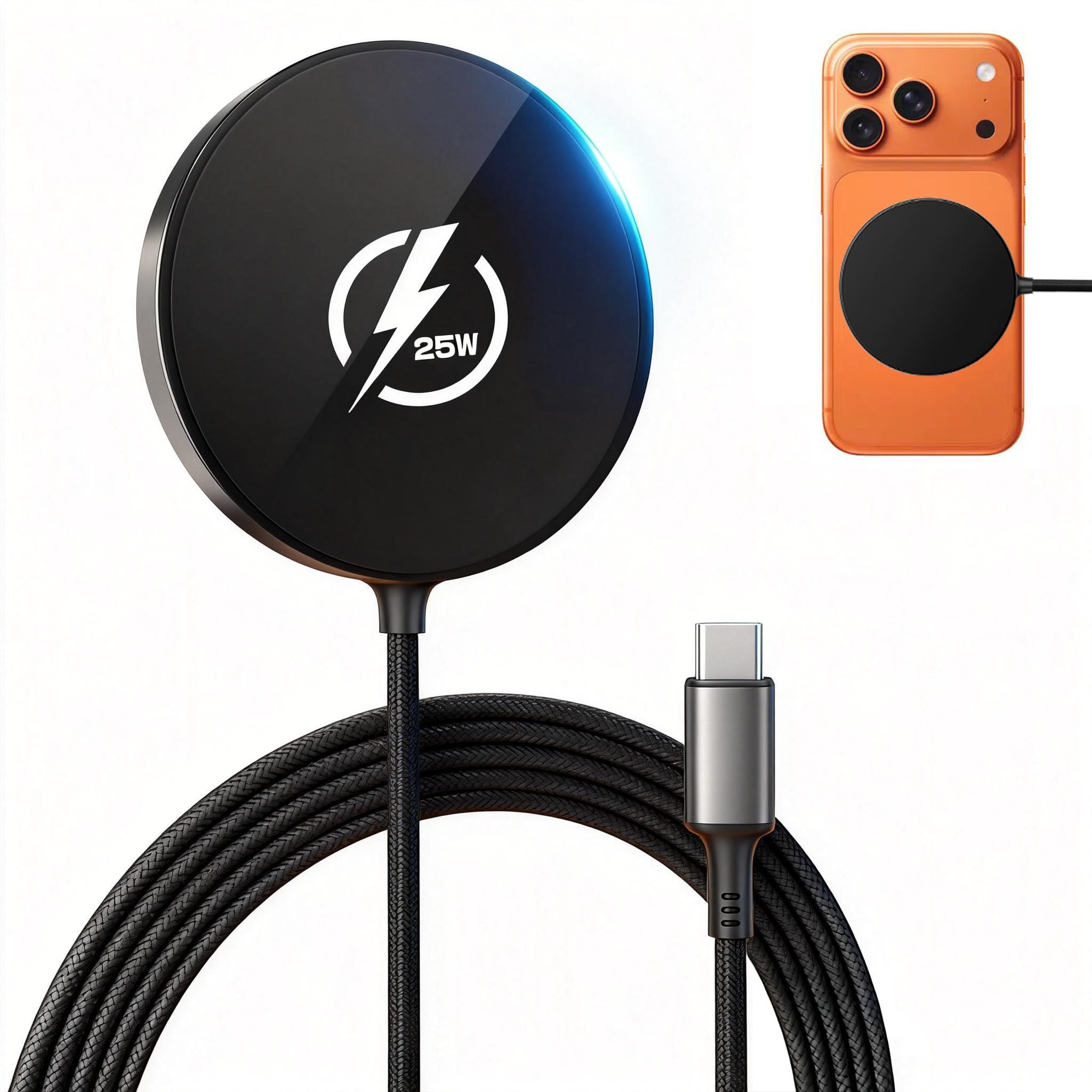 FOYOU Qi2.2 認定 25W マグネット式ワイヤレス充電器 マグセーフ互換 自動磁気吸着 薄型軽量 USB-C ケーブル付き ブラック