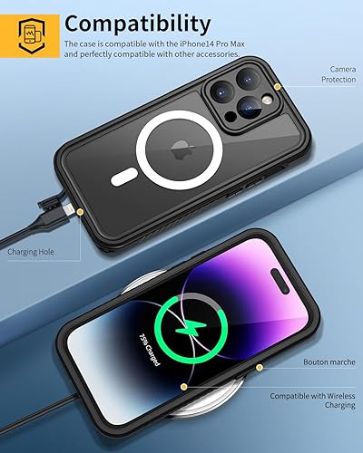 Miniatura 6 de Lanhiem Funda magnética para iPhone 14 Pro, impermeable, a prueba de polvo, a prueba de golpes, con protector de pantalla integrado compatible con