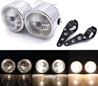 APEBAZY Universal Motorcycle Twin Headlight with Side Mount Bracket, 35W Motorbike Front Double Dual Halogen Headlamp for Street Fighter Naked Bike Cafe Racer Dominator Bobber （Chrome）