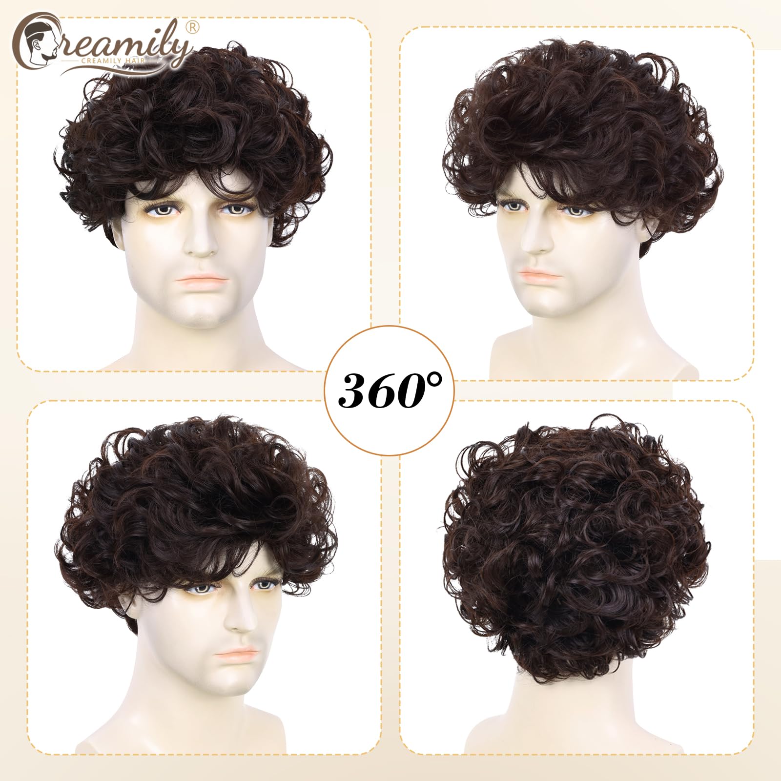 Creamily Curly Hair Wig for Men, Male Wigs That Look Real,Artificial Fake Hair for Men,Short Full Wig for Man Synthetic Wigs for Boys for Daily Party Use (Brown, 8 Inches) 2