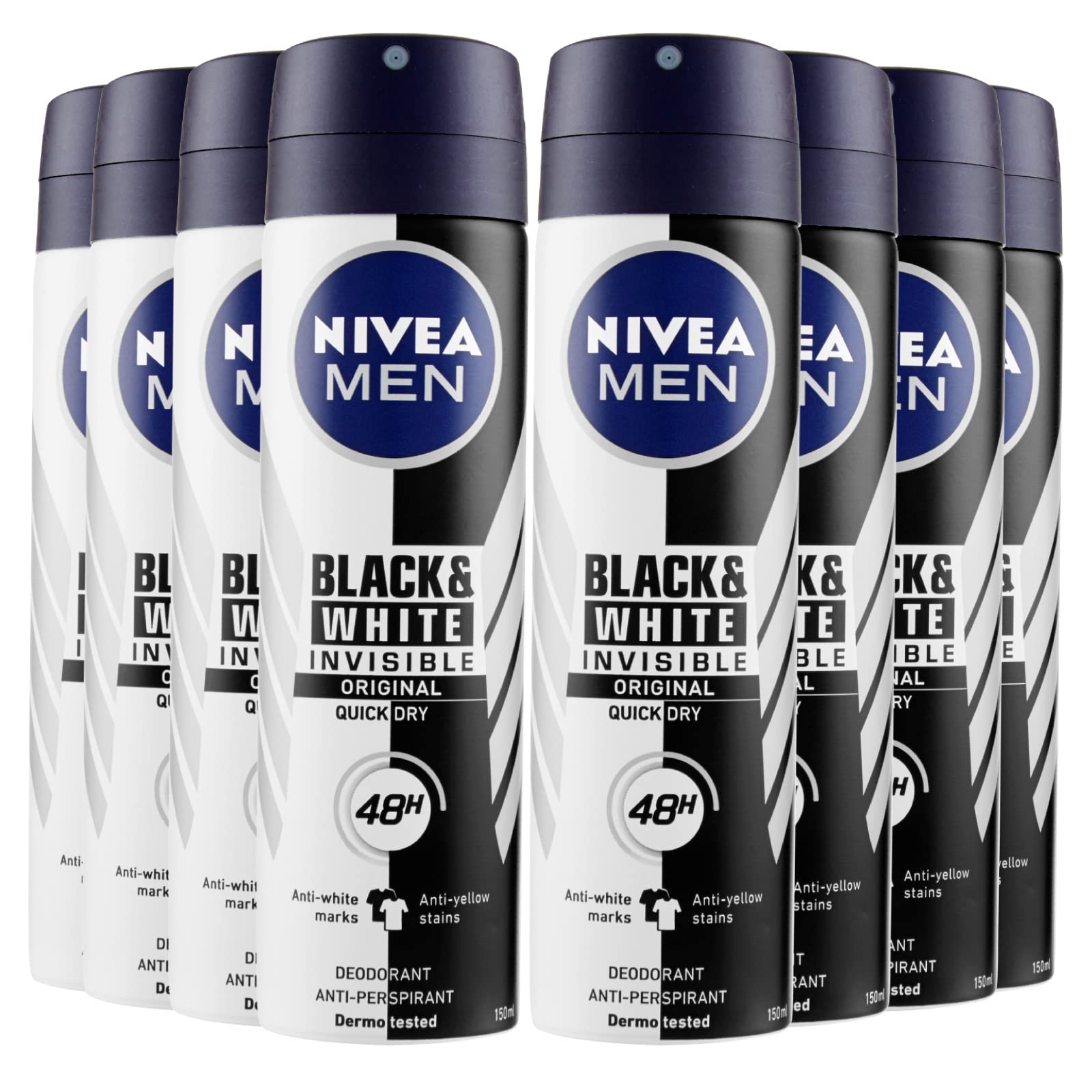 NIVEA Men Black & White Invisible Original Deodorante Uomo Spray Antitraspirante 48h Protezione Contro Cattivi Odori Sudore Macchie Residui Irritazioni - 8 Flaconi da 150ml