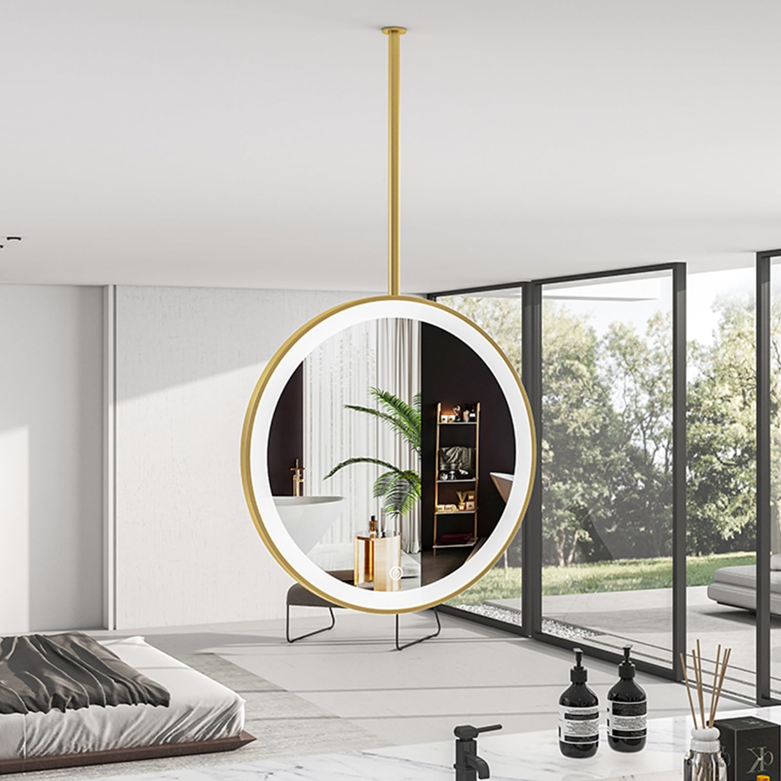 FGXHHS Ceiling Mounted Mirror Illumination Led | Nordic Hanging Rod s with Lights Round Vanity Shaving Wall Decor, Gold Metal Frame(Diameter-50CM/19.7INCH)