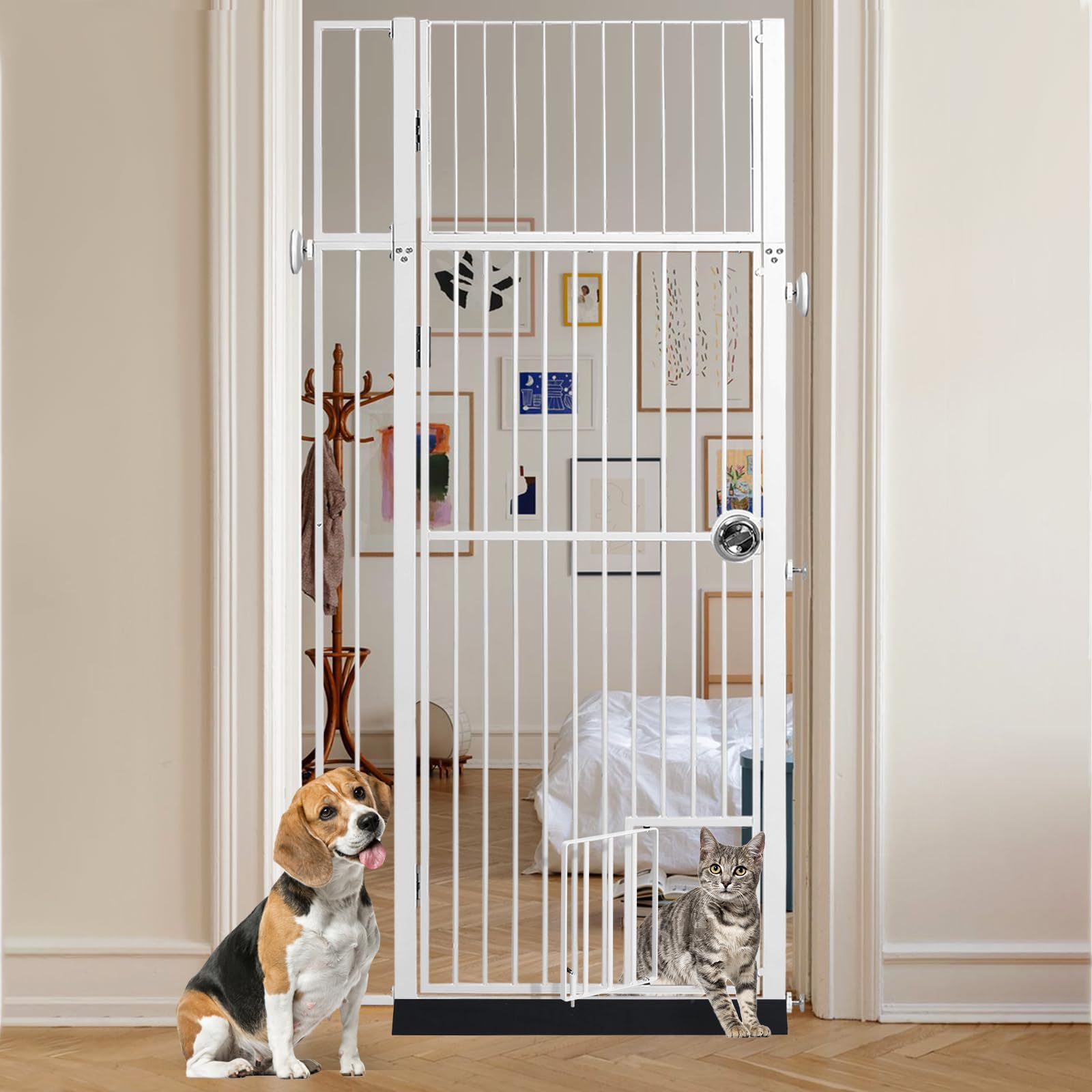 Photo 1 of LitaiL 71" Extra Tall Pet Gate with Cat Door, Walk Through Pet Gate Pressure Mounted No Drilling, 28.7"-37.5" Wide for Stairs Hallway House, White