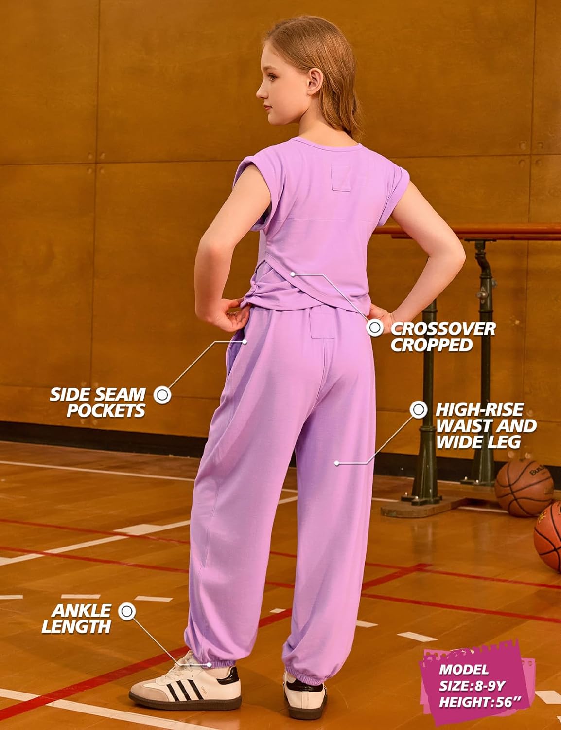 Girls 2 Piece Athletic Outfits Sets Crossover Cropped Tops and Wide Leg Sweatpants Tracksuit with Pockets - Image 4