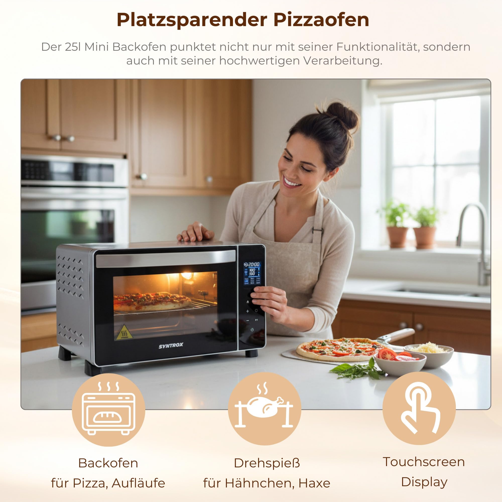 Syntrox Germany 25 l Touch Mini Backofen Saltillo | Miniofen | Pizzaofen | Pizzabackofen, 25 Liter, Edelstahl, 1500W, inklusive Zubehör, für kleine Küchen