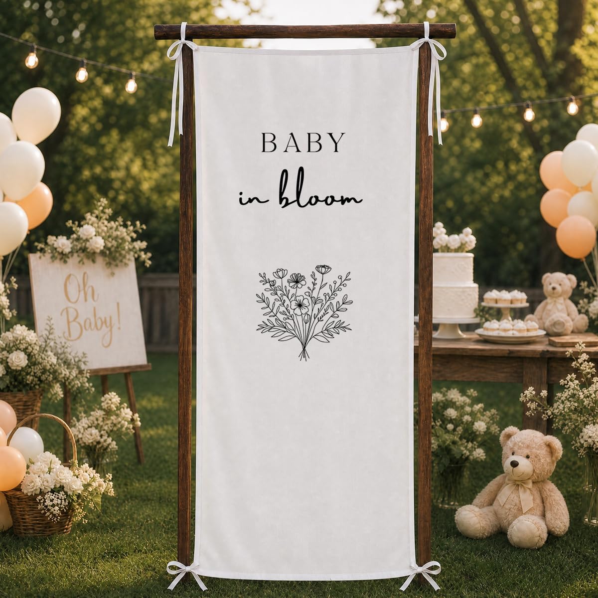 Baby in Bloom Banner 73 x 30 Inch, Polyester Hanging Baby Shower Welcome Sign with Top and Bottom String, Wildflower Baby Shower Decorations
