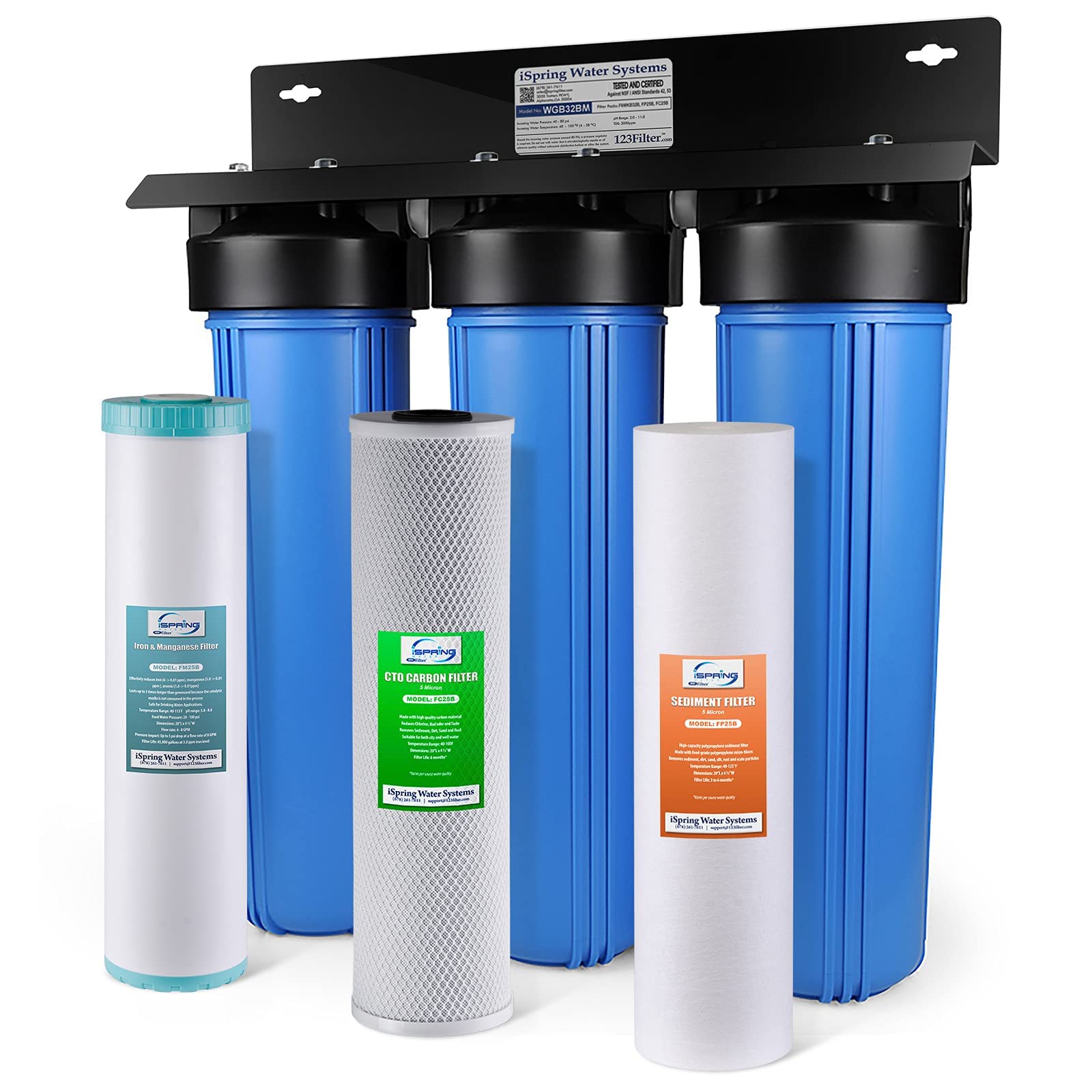 iSpring Whole House Water Filter System w/ Sediment, Carbon, and Iron & Manganese Reducing Water Filters, 3-Stage Iron Filter Whole House, Model: WGB32BM