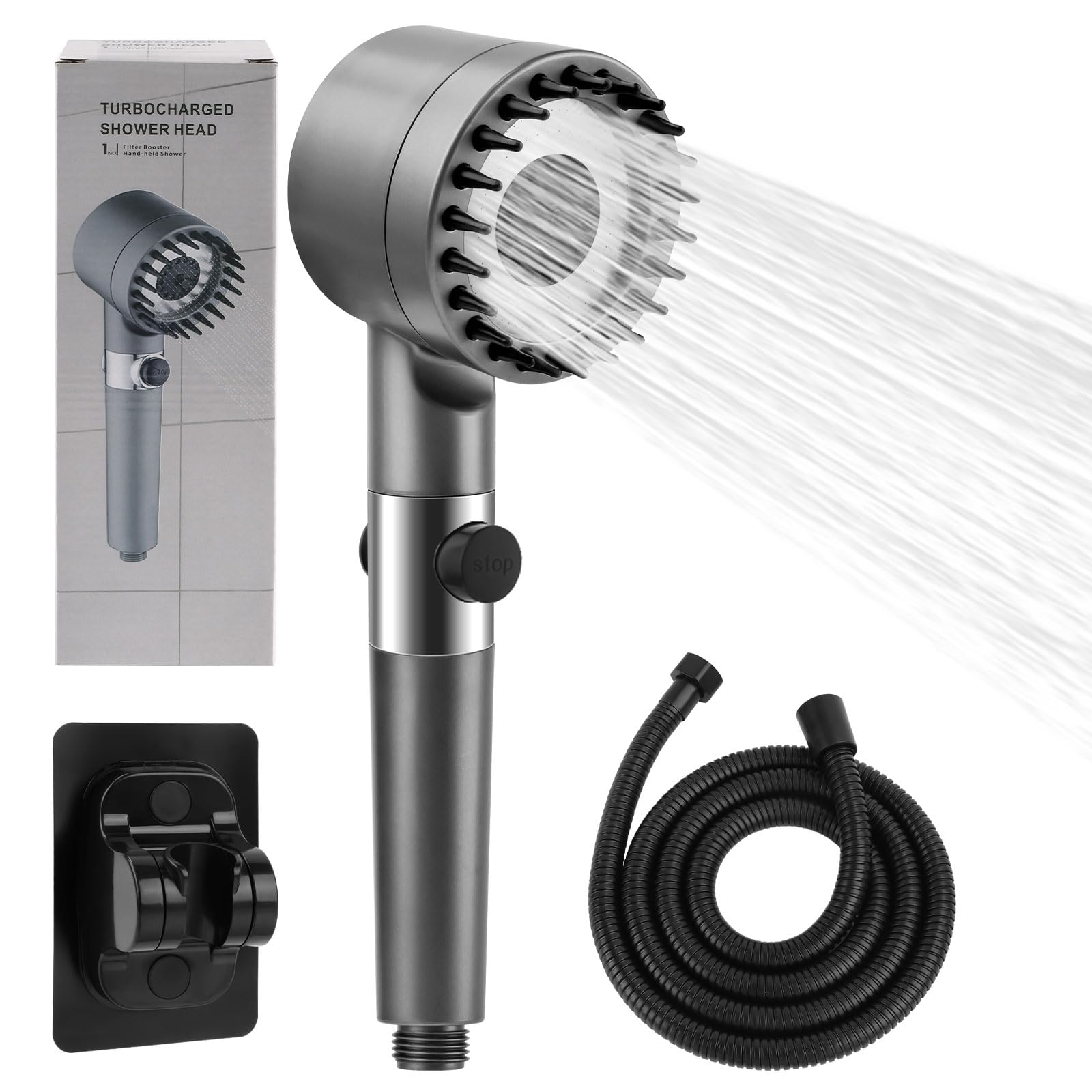 Aila Shower Head, High Pressure Shower Head and Hose Adjustable Bracket, 3-Mode Shower Heads with One-Click Switch & Pressure Boosting Outlet Hand Showerhead Multi-Functional Universal, Grey