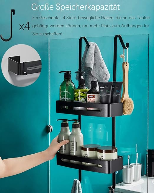 TZAMLI Estante de ducha sin taladrar, estantería de ducha para colgar la mampara de ducha, estante de baño, estantería con toallero y ventosa (negro, ...