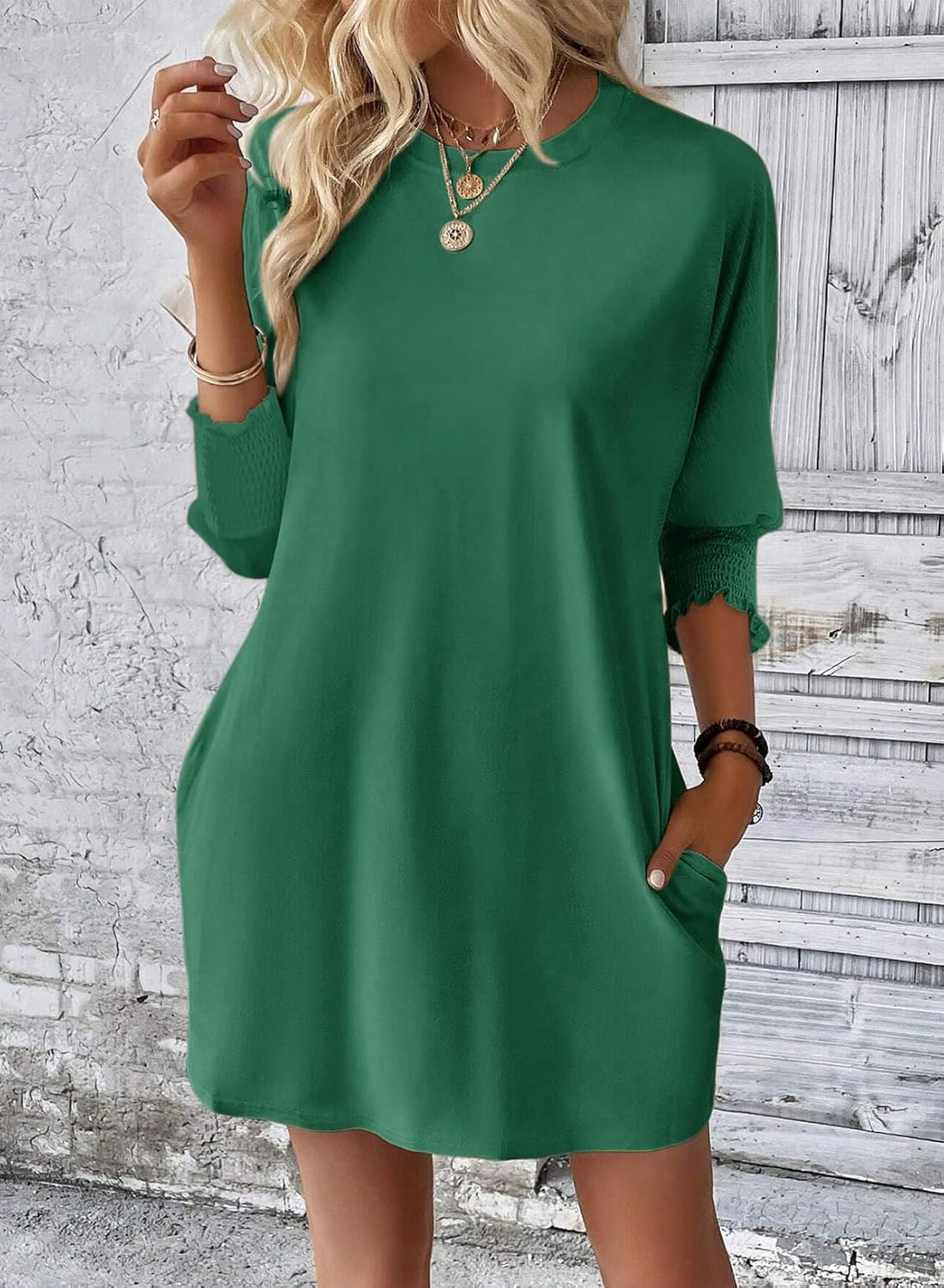 Dokotoo Womens Dresses 2025 Spring 3/4 Sleeve Fashion Dresses Crewneck Casual Mini Dress with Pockets S-XL - Image 2