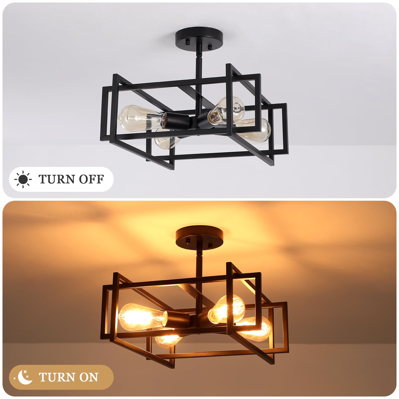 Lampada da Soffitto Nera per Soggiorno 4 Lampade da Soffitto Semi Incassate | Industriale Lampada da Soffitto a Sospensione Vintage, Adatta per Cucina, Camera da Letto, Sala da Pranzo