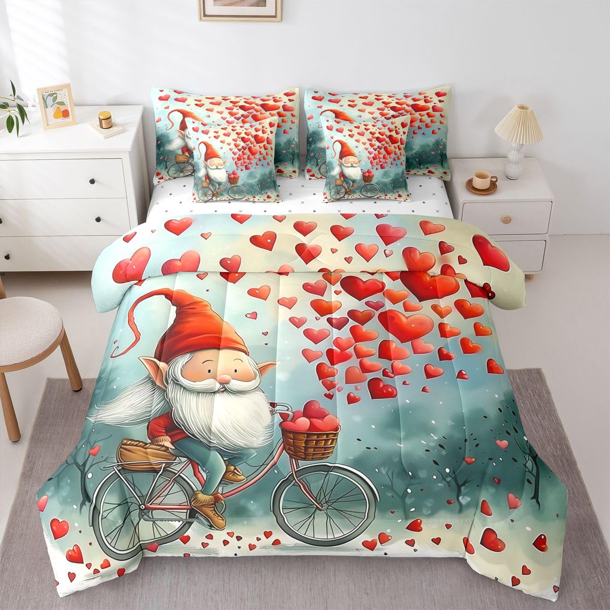 Cartoon Gnome Comforter Set 7 PCS,Romantic Valentine Hearts Bed Set for Girls Kids Adults,3D Cartoon Graffiti Bed in a Bag Bedding Set with Comforter,Sheet Set,Pillowcases,Pillow Covers,Full