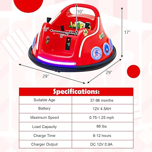 Miniatura 7 de Costzon Coche de parachoques para niños, parachoques eléctrico de 12 V con control remoto, giro de 360 grados, luces intermitentes, música integrada