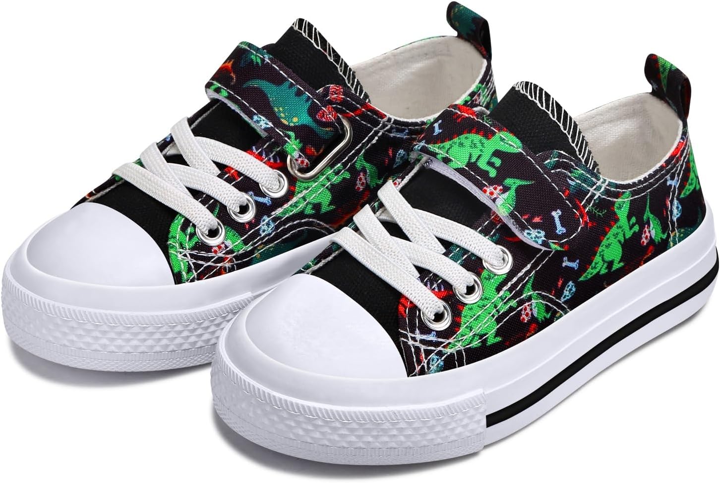 Toddler Boys Girls Slip On Canvas Sneakers Cartoon Dinasour Printed Little Kid Unisex Adjustable Strap Walking Shoes Lazy Shoes with Hook and Loops