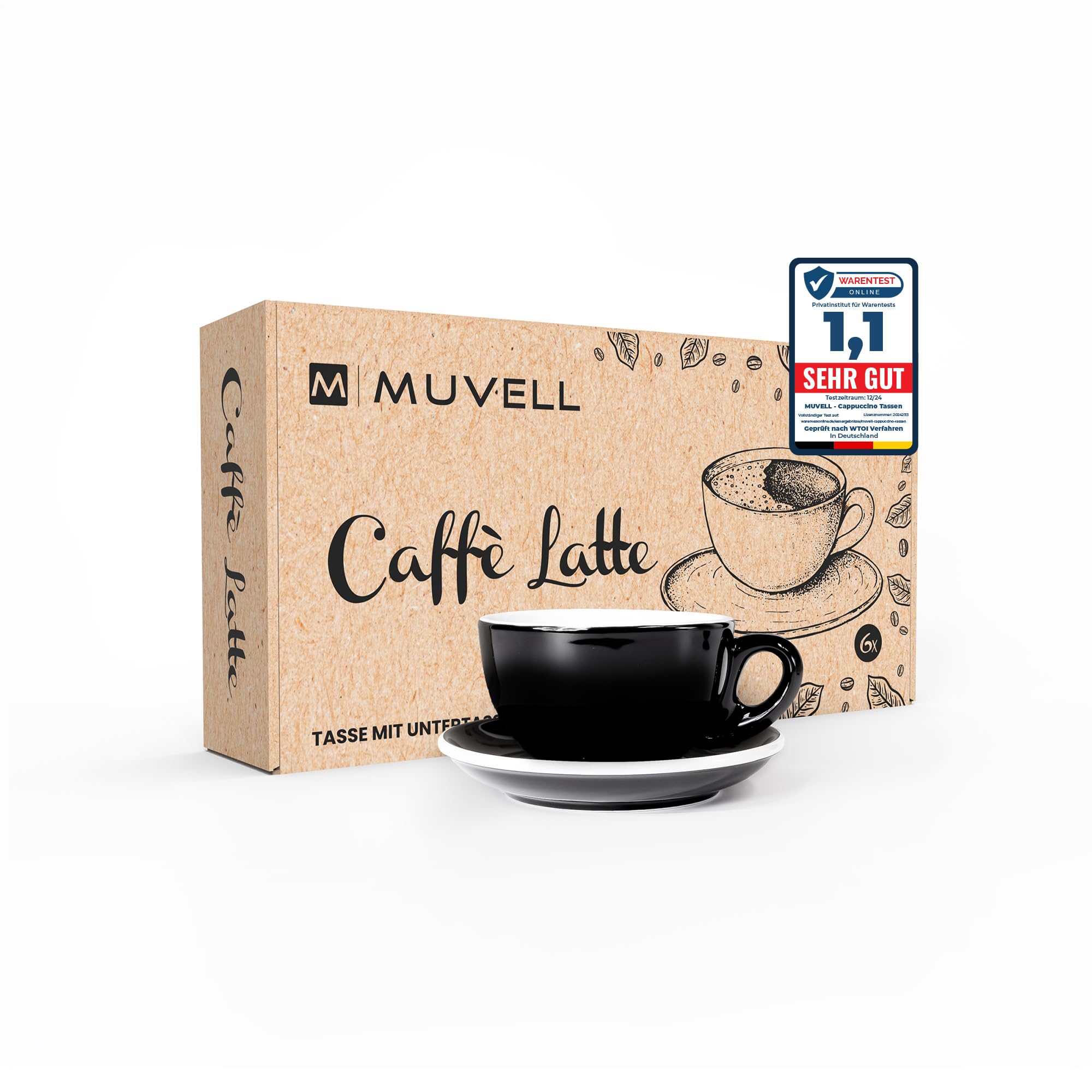 Muvell 6x Milchkaffeetassen | schwarz | Italian Style | dickwandig & schwer | spülmaschinenfest | Caffé Latte Set mit Untertassen - Geschenkset