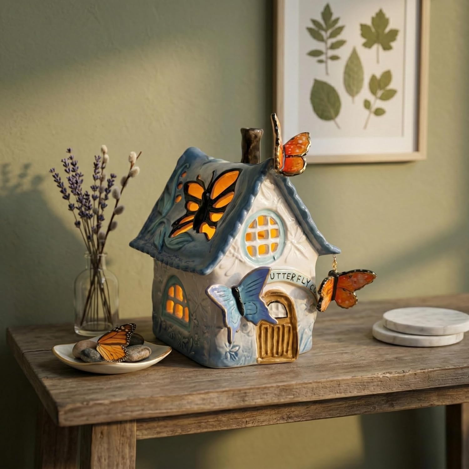 Blue Sky Clayworks Butterfly Candle House, Blue, 6"L x 6"W x 7.5"H