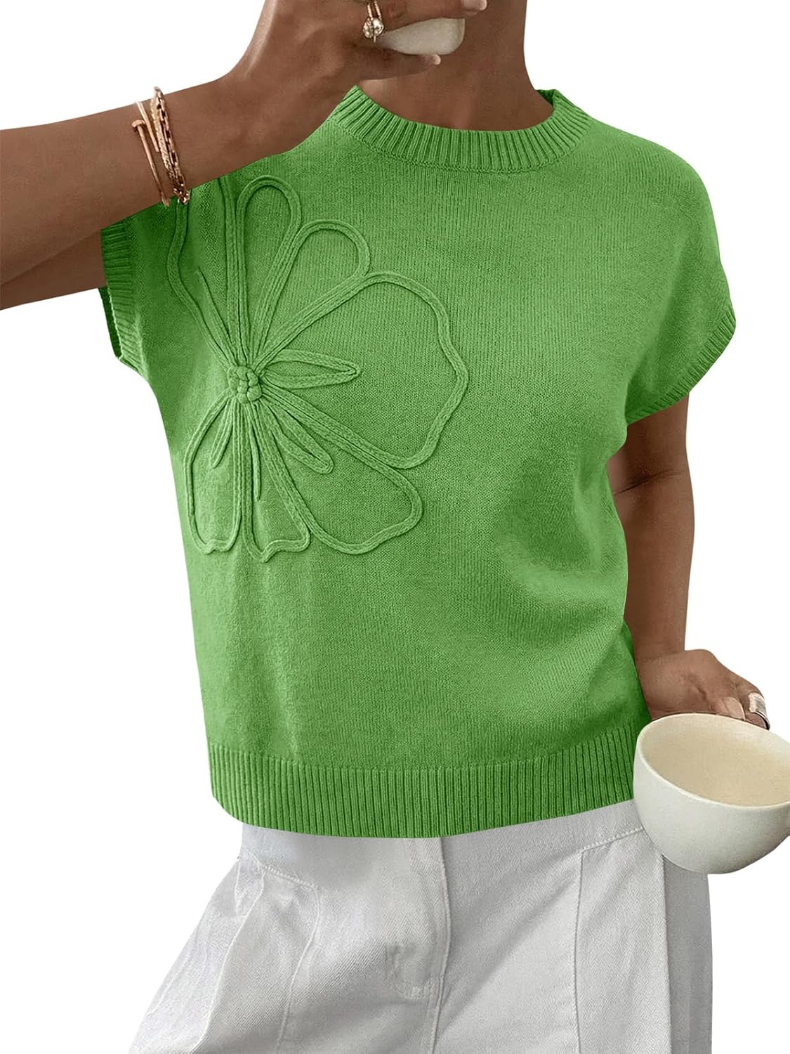 Saodimallsu Womens Short Sleeve Sweater Trendy Floral Pullover Sweaters Summer Casual Crewneck Lightweight Knit Tops