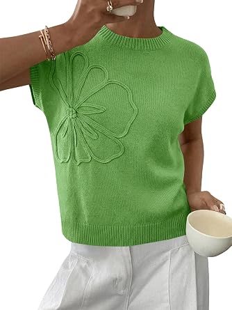 Saodimallsu Womens Short Sleeve Sweater Trendy Floral Pullover Sweaters Summer Casual Crewneck Lightweight Knit Tops