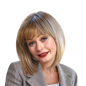 Short Bob Hair Toppers for Women Thinning Hair 10 Inch - 360 3D Cover Wispy Bangs Hair Pieces for Women, Synthetic Hairline Wigyy Wig Topper with Bangs - Ombre Light Brown to Blonde