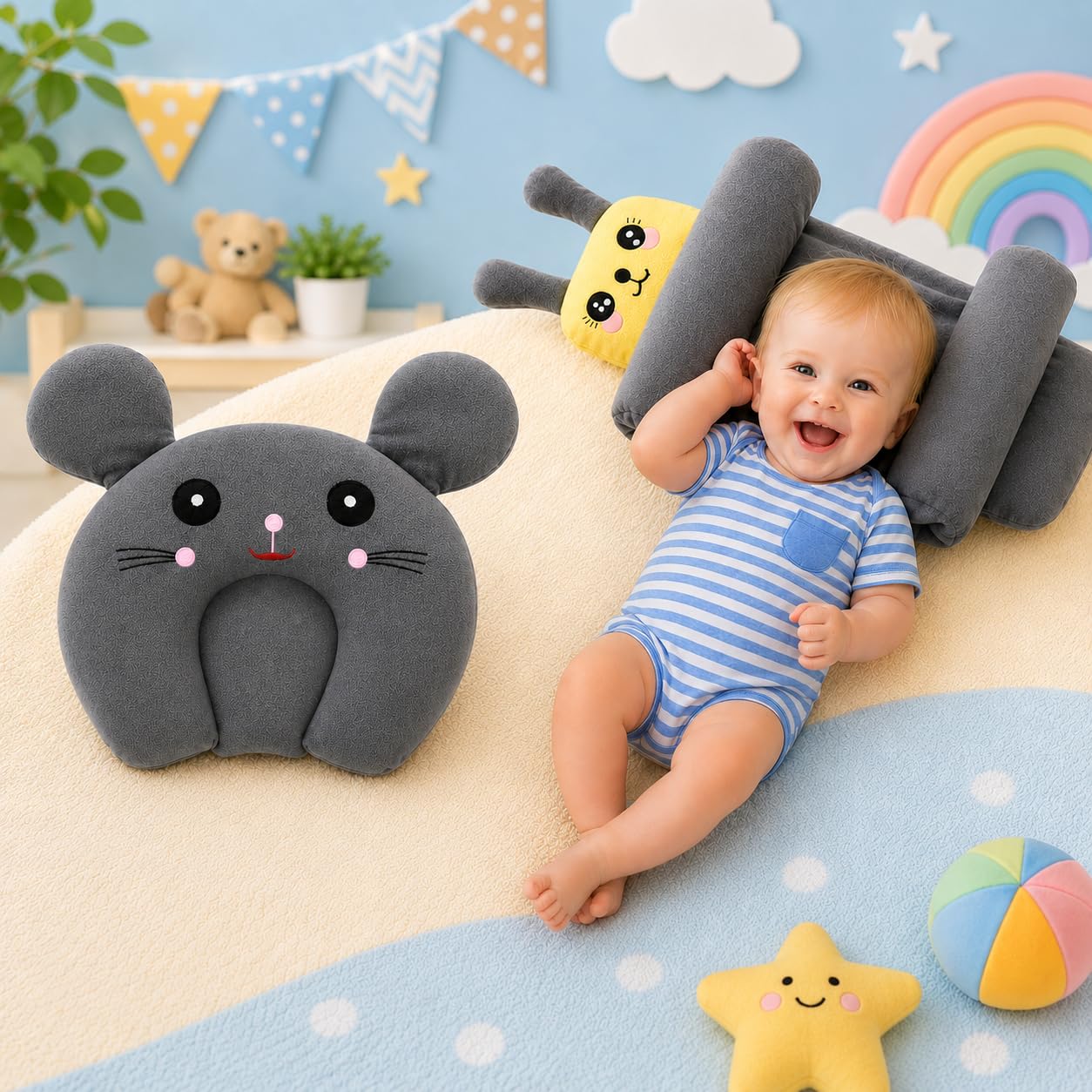 Baby Pillow Combo Set for Newborns & Infants | Toddler Pillow Head Support Cushions with Plush Side Rollers for 0-12 Months-picture-26