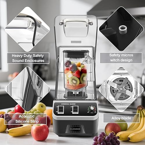 Miniatura 6 de Licuadora comercial de 2200 W para batidos, licuadoras eléctricas silenciosas de alta velocidad de grado profesional, con carcasa de sonido, 68