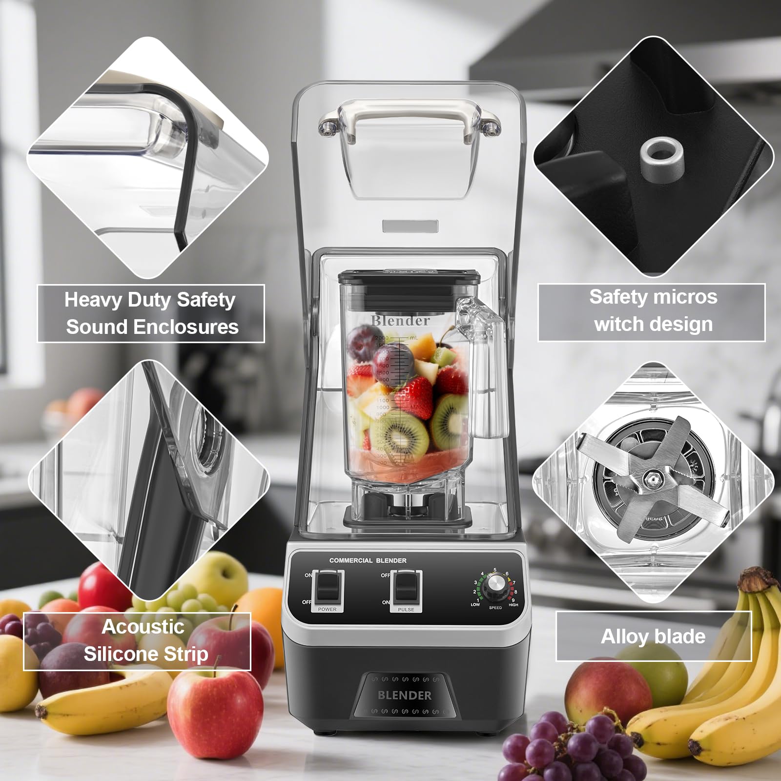WaterElfo Profesjonalny komercyjny blender 2200 W 2,1 QT 2 l cichy blender komercyjne koktajle, mrożone napoje, samoczyszczące