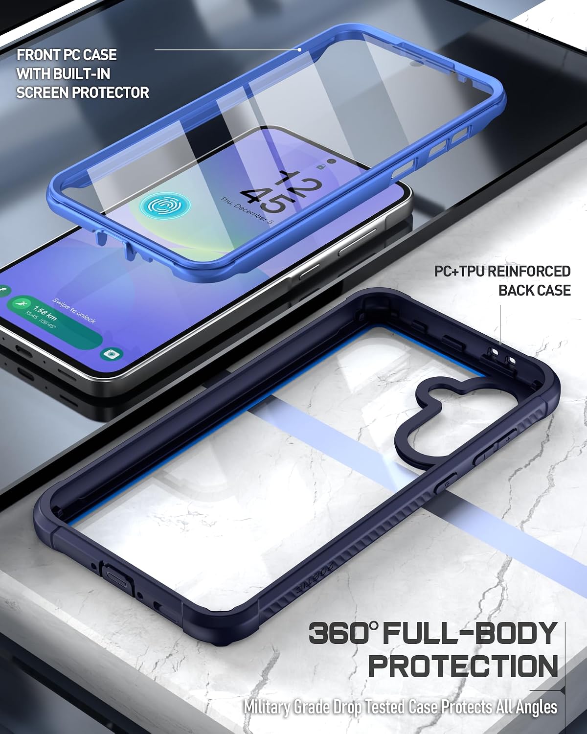 Poetic Guardian Case for Samsung Galaxy A36 5G, [2 Front Frame] [20 FT Mil-Grade Drop Tested] [Screen Protector Work with Fingerprint ID] Full Body Shockproof Rugged Clear Cover, Blue/Clear