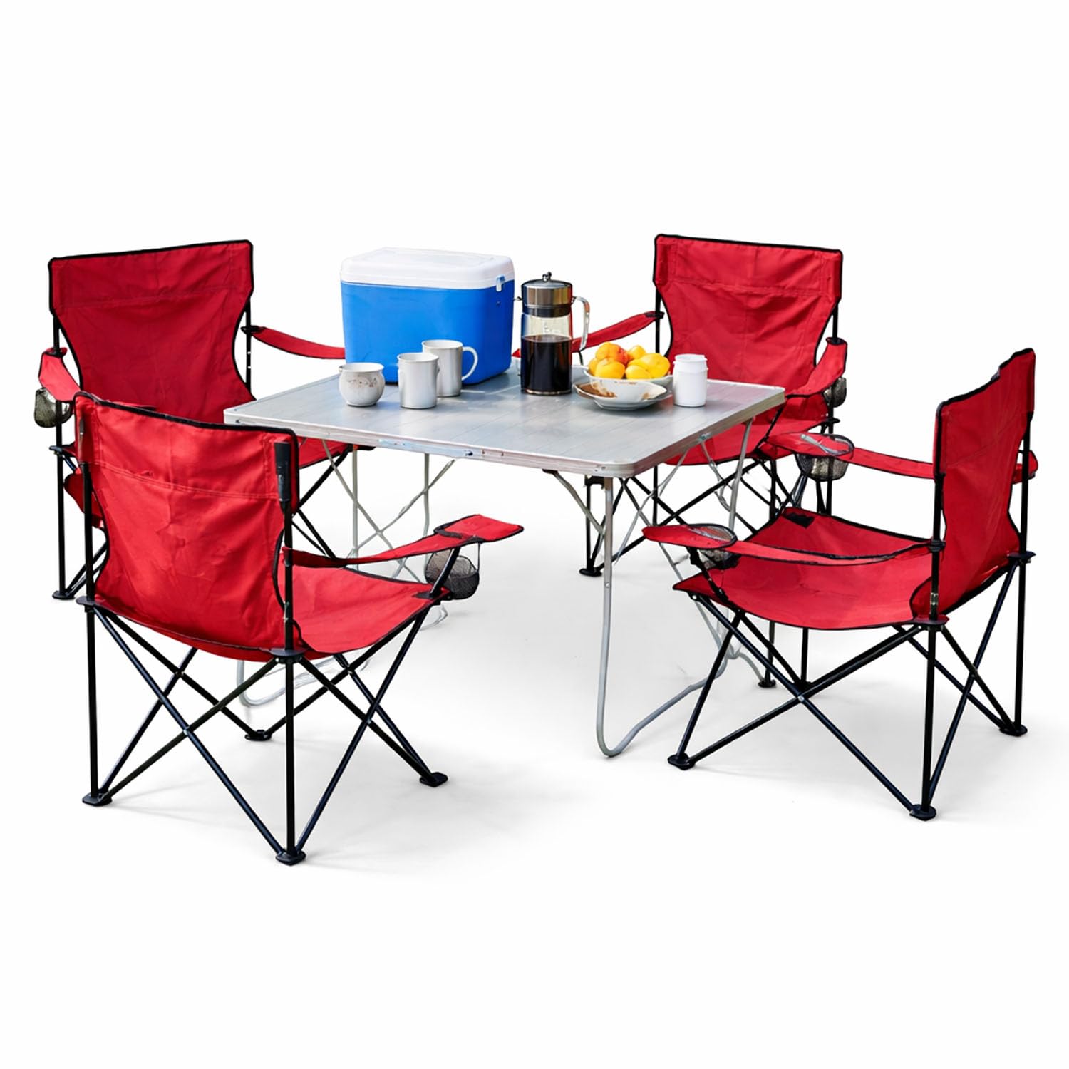 Mojawo 5tlg. Campingmöbel Set Alu 80x60x68cm 1x XL Campingtisch mit Tragegriff + 4 Anglerstühle, Faltstühle Campingstühle rot