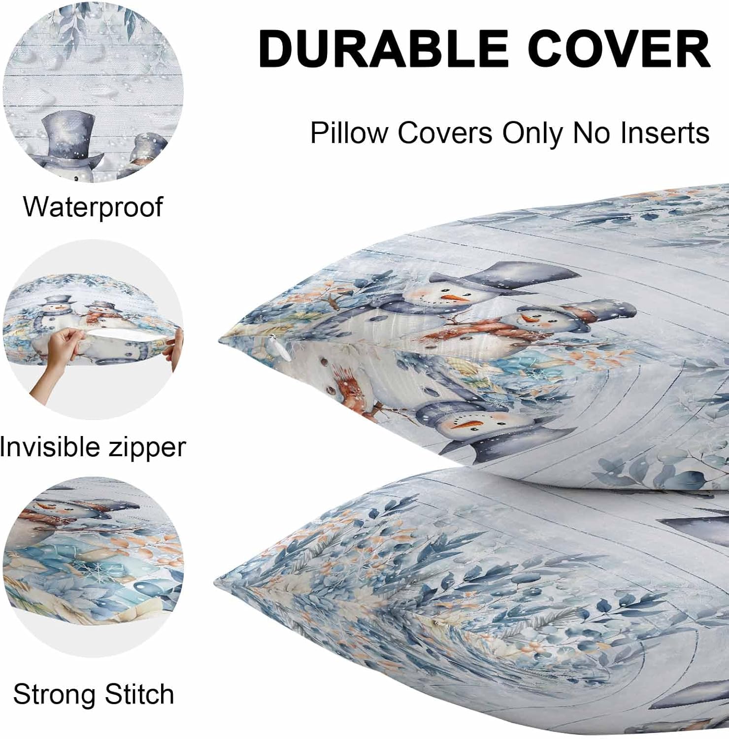 Blue Snowman Christmas Outdoor Waterproof Pillow Covers, Vintage Botanical Xmas Snowflake Decorative Square Throw Pillowcase Sofa Cushion Sham for Patio/Couch/Chair, 26"x26" 2 Pack