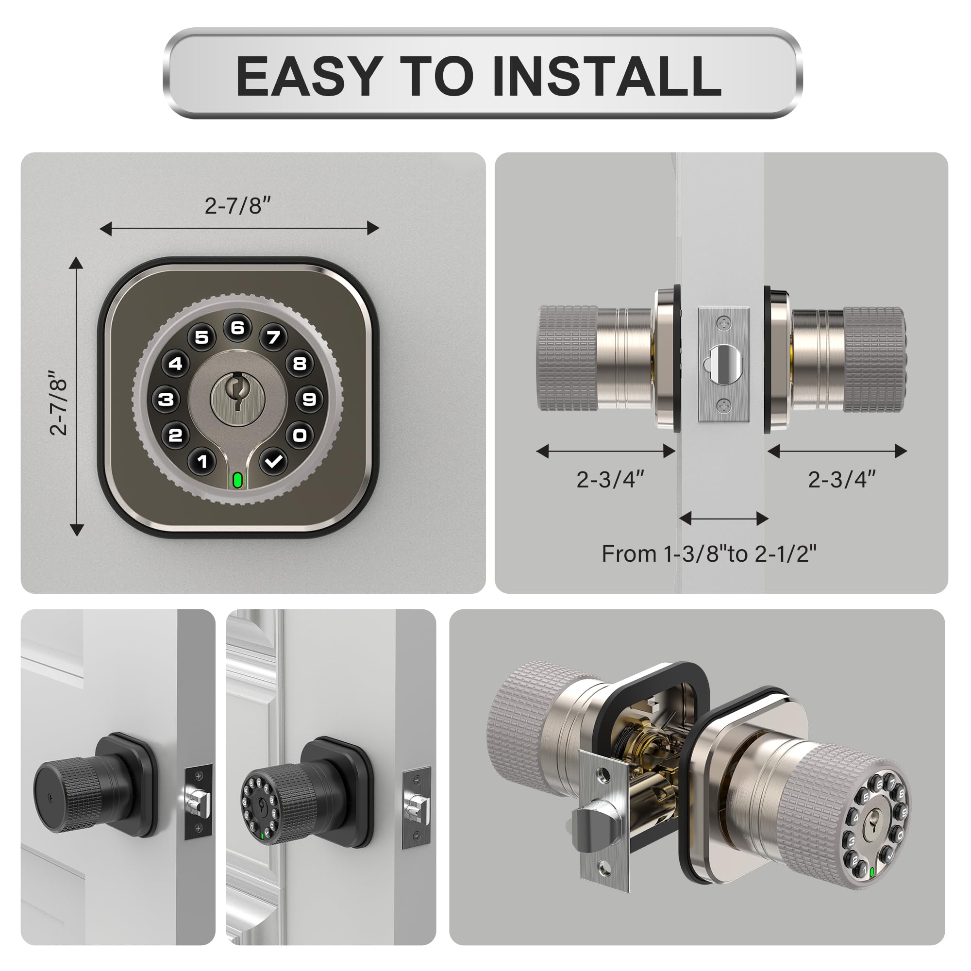 Serrure à bouton d'entrée sans clé avec clavier et clé, verrouillage automatique, étanche, facile à installer et à programmer, fonctionne avec 4 piles AAA pour chambre à coucher, portes