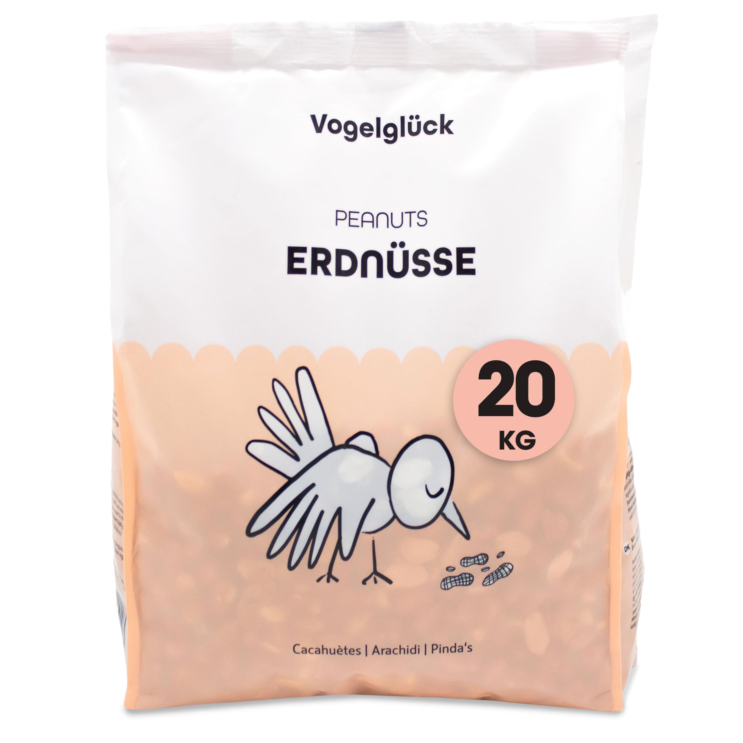 Vogelglück Erdnusskerne Vogelfutter 20 kg geschält – energiereich, schalenfrei, gereinigt und Sortiert – Erdnüsse für Nussspender, Silo, Futtertisch und Bodenfütterung, geeignet für Wildvögel