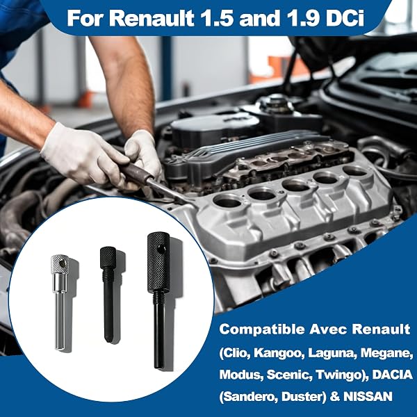Diconu Pige de Calage pour Renault 1.5 & 1.9 DCi, Outil Calage Distribution et Soupapes Moteurs Compatible avec Dacia Clio Kangoo Laguna Mégane Scenic Twingo Sandero Duster Mercedes, Complet 3 Piges - 4
