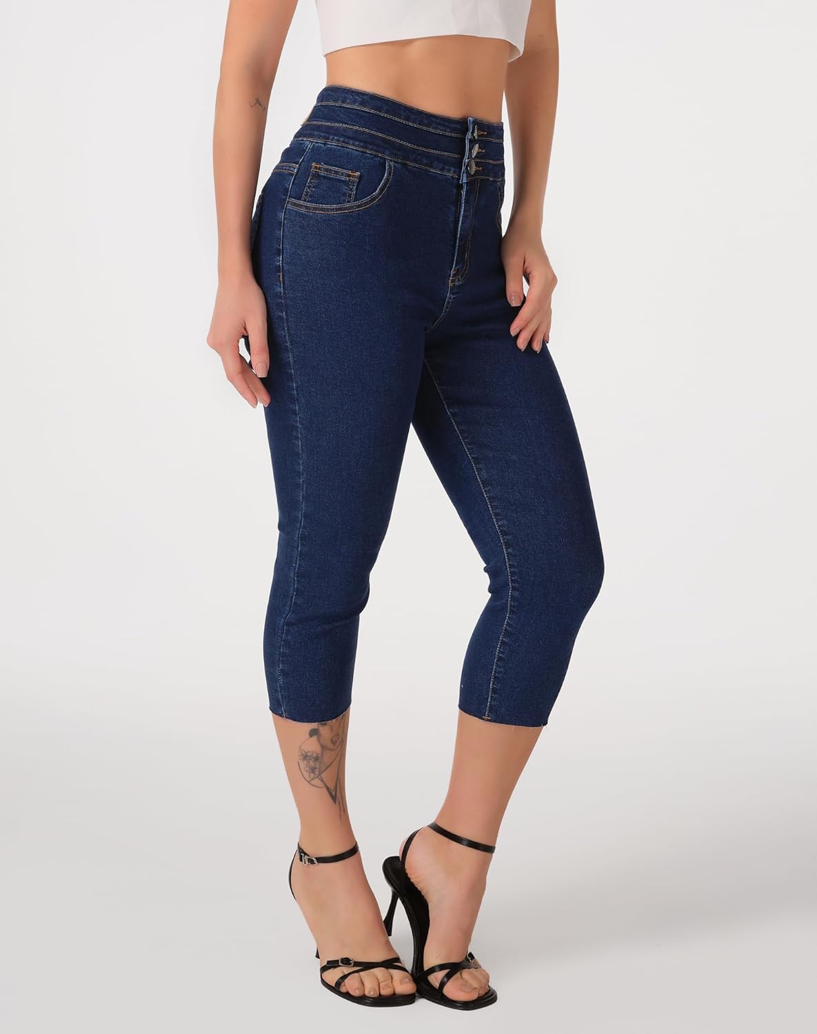 roswear Women's Capri Jeans Stretchy with Frayed Hem Skinny Tummy Control Pants - Image 2