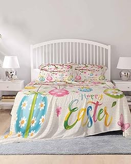 Easter Eggs Queen Size Bed Sheets, Breathable Cooling Sheets with Deep Pocket, Spring Watercolor Bunny Flower on Linen Soft Flat Sheet, Fitted Sheet & Pillowcases, 4 Piece Wrinkleproof Bedding+Sheets