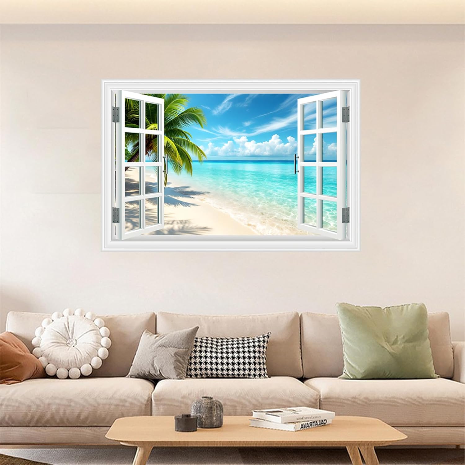 Fake Window Wall Sticker Decals -Summer Beach Ocean Tropical Palm Tree Faux Window Wall Art Poster Picture for Home Office Landscape Decor, Peel and Stick Seascape Natural Scenery Scene Mural, 48"x32"