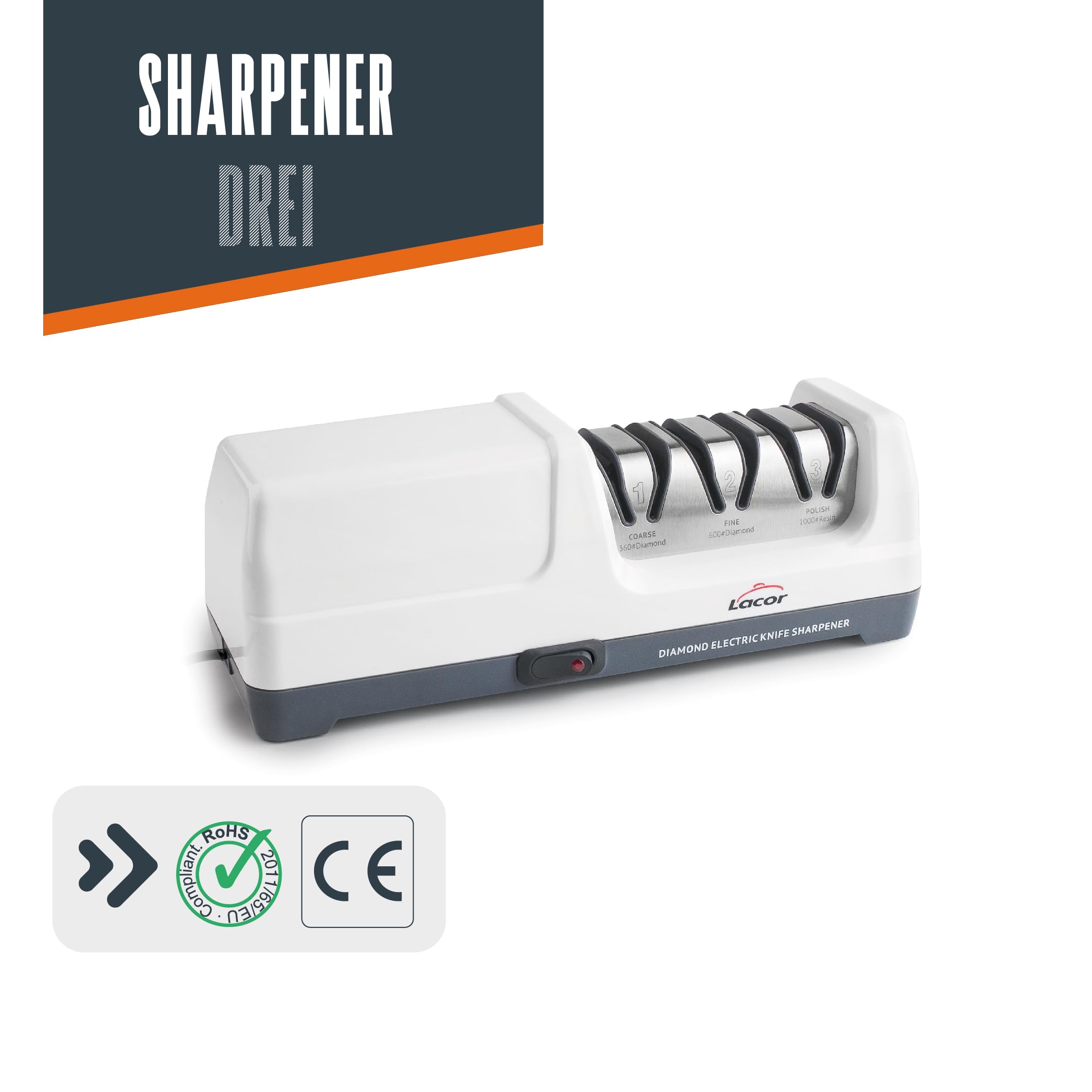Lacor 69432 - Affilatore per coltelli Drei, elettrico 18 W, 3 stadi, con... | Utensile professionale duraturo; progettato per prestazioni ottimali e una pulizia rapida in lavastoviglie