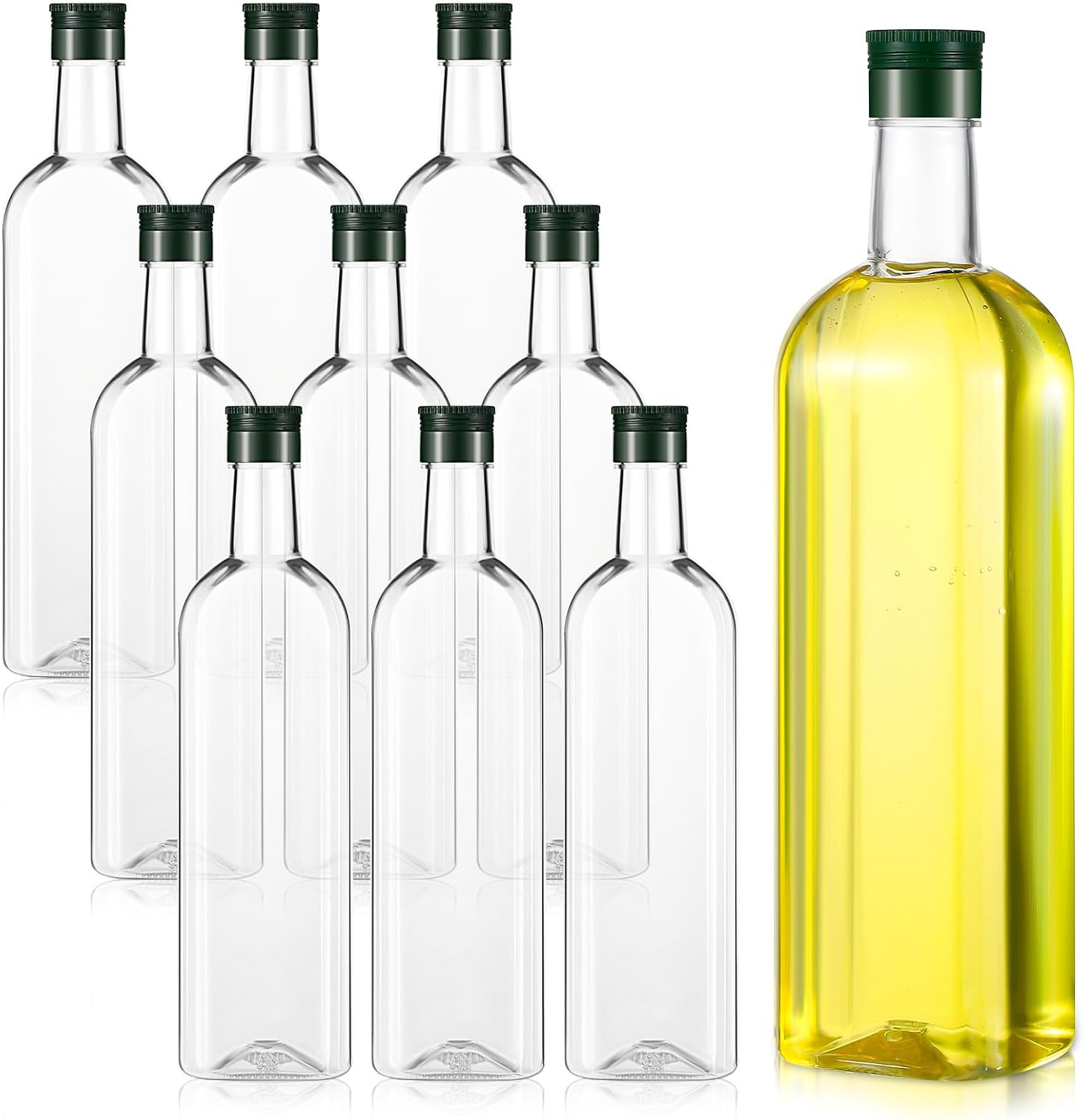 Dandat 10 Pcs 34 oz Plastic Long Neck Coquito Bottle with Cap Clear Empty Olive Oil Bottles Square Liquor Wine Bottles Leakproof Container for DIY Drink Syrup Kitchen Self Watering Devices for Plants