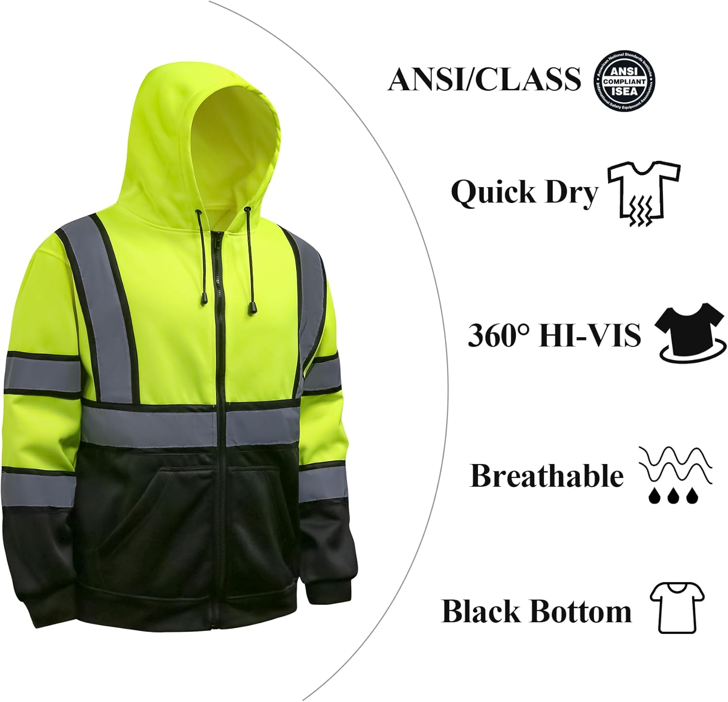 High Visibility Hoodie for Men Class 3 Hi Vis Safety Hoodies Reflective Construction Sweatshirt with Pockets - Image 4