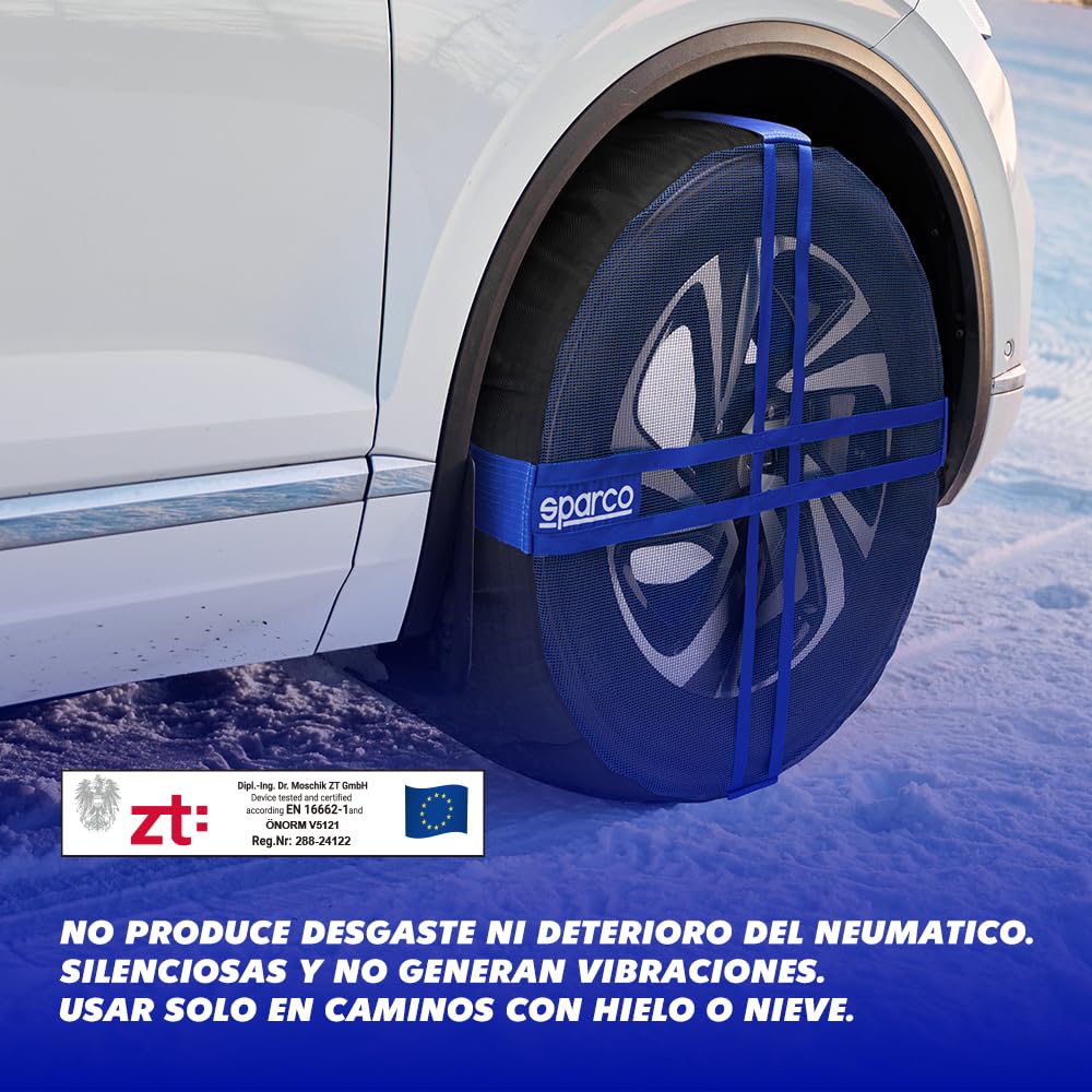Sparco SnowShield PLUS | Juego de 2 cadenas de nieve para coche | Cadenas para nieve fáciles de montar | Silenciosas, duraderas, homologadas EN 16662-1 y reutilizables (XL)
