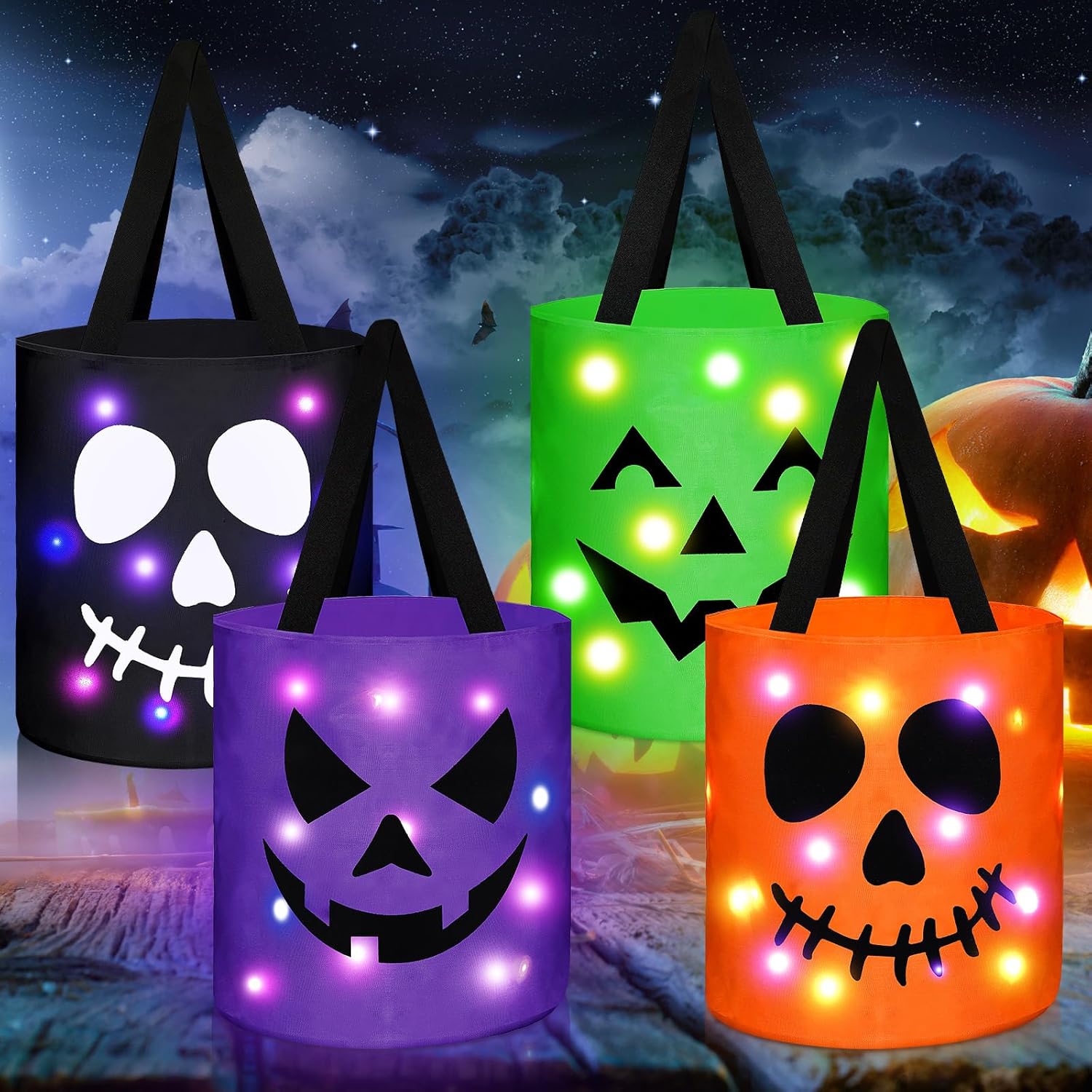 Yaomiao 4 Pcs Halloween Trick or Treat Bucket for Kids Light up Pumpkin Candy Bags LED Halloween Treating Baskets Reusable Goodie Gift Tote Bag for Party Favor Supplies(Colorful)