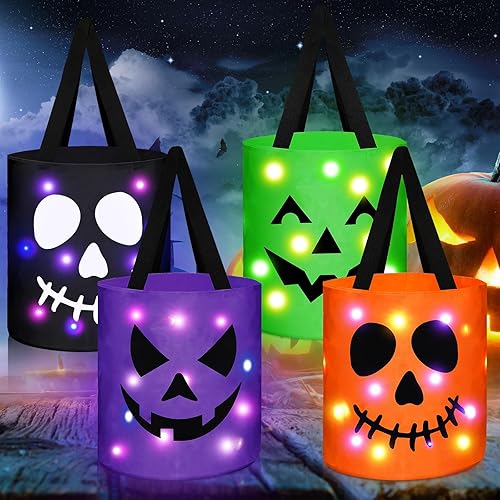 Yaomiao 4 bolsas de dulces de Halloween ligeras para niños, bolsas de golosinas multiusos LED reutilizables, cubo de tratamiento para niños,